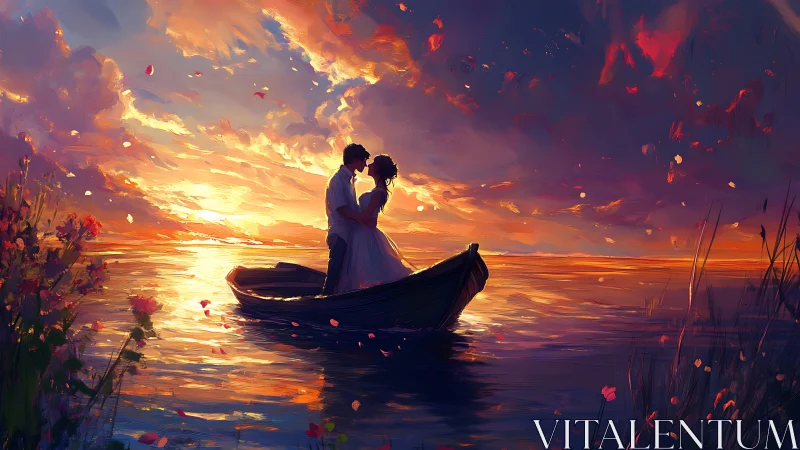 Two figures in boat during dramatic orange sunset over water