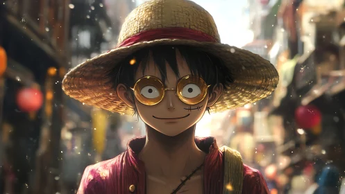 Straw hat traveler with round glasses in sunlit market street