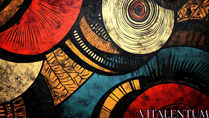 Abstract concentric circles collide in bold distressed color.