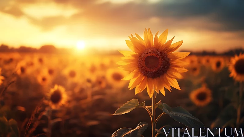 Sunlit sunflower field in cinematic shallow depth-of-field focus.