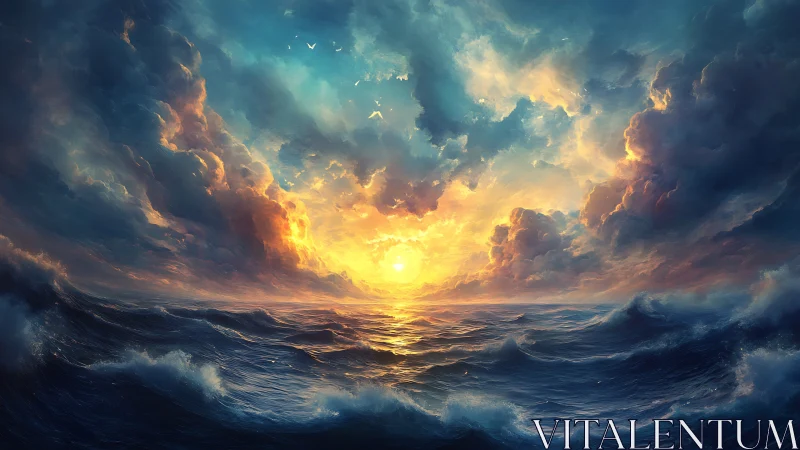 Radiant ocean sunset framed by volumetric storm clouds in motion