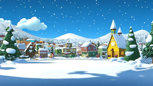 Snow-covered cartoon village rendered in bright orthographic style