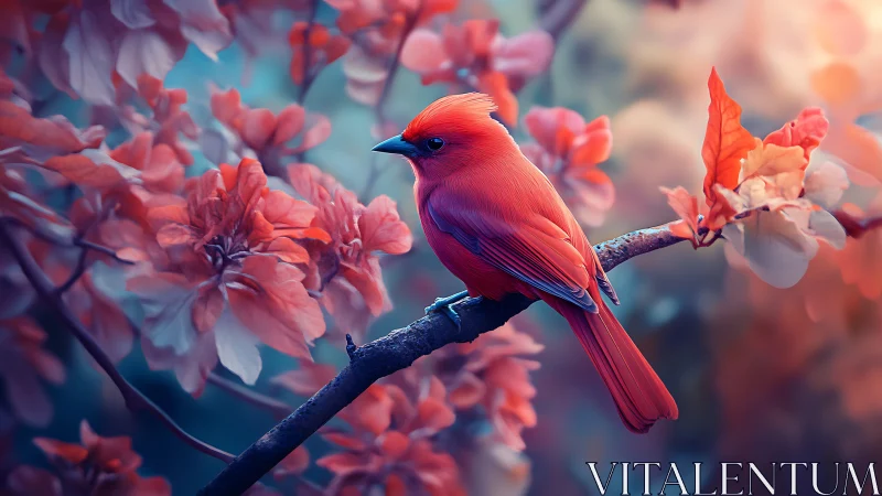 Vibrant cardinal perched on branch in dreamy floral setting.