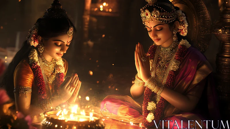 Two women in traditional attire performing fire ritual.