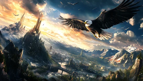 Majestic eagle soars above a luminous fantasy mountain city