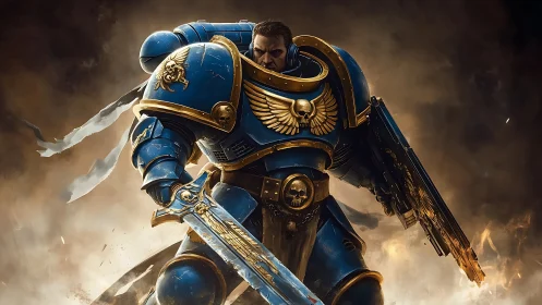 Starlit power armor champion strides through burning warfog.