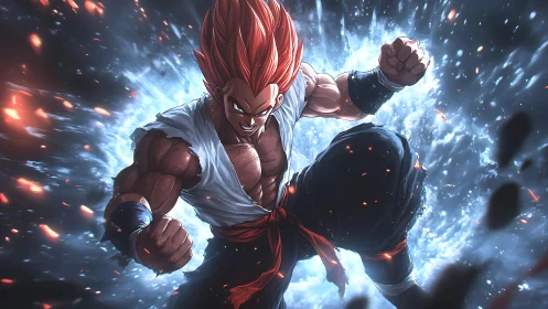 Explosive red‑haired warrior lunges through luminous energy field.