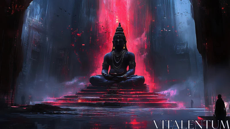 Neon divinity meditates in a cavern of shadow and light