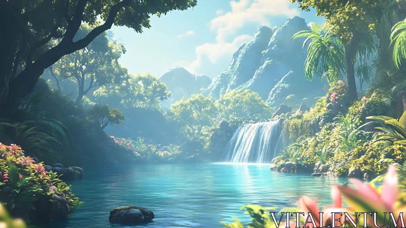 Sunlit jungle lagoon whispers around a crystal waterfall