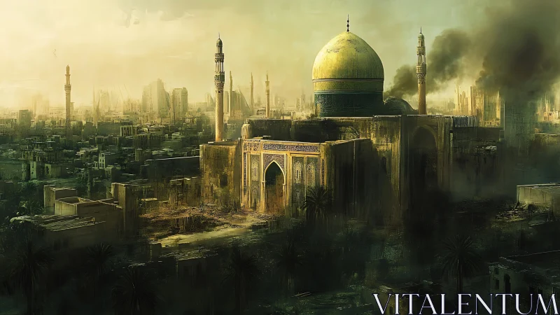 War-torn domed city mosque stands amid smoky ruins.