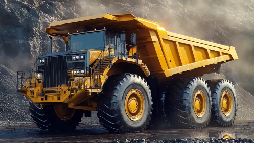 Massive yellow mining dump truck on rugged quarry road.