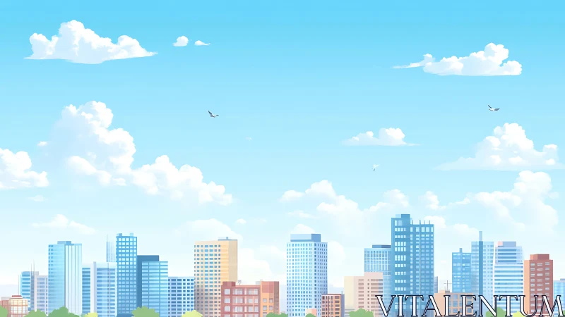 Bright blue city skyline under soft drifting clouds.