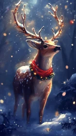 Gentle winter reindeer glowing softly in snowy forest night.