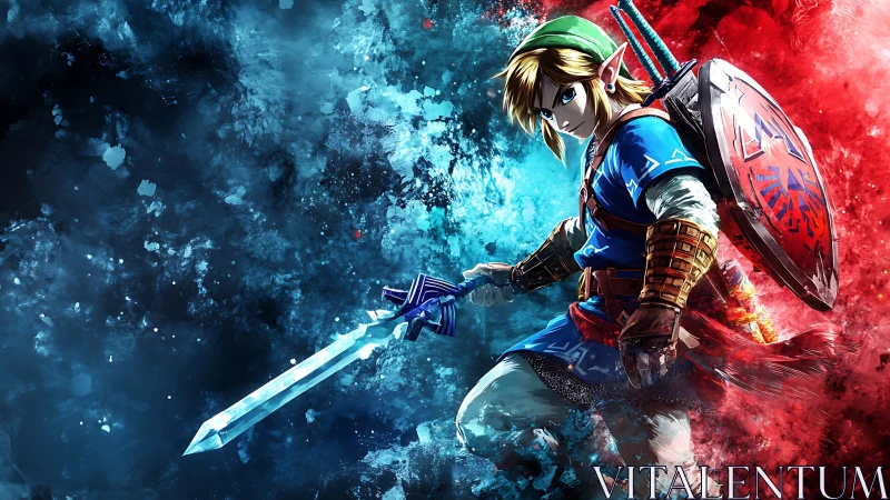 Heroic swordsman poised between swirling fire and frost.