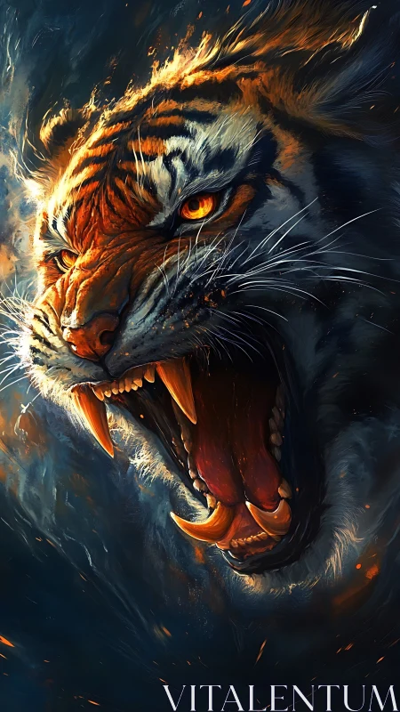Inferno-eyed tiger howls through embers and storm-dark dusk.