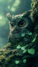 Moss‑textured owl with leaf plumage rendered in shallow depth of field