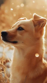 Golden sunlight wraps a calm dog in a softly glowing moment
