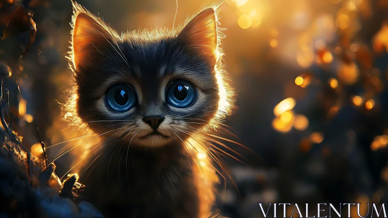 Mesmerizing Cat with Brilliant Blue Eyes Glowing in Golden Light