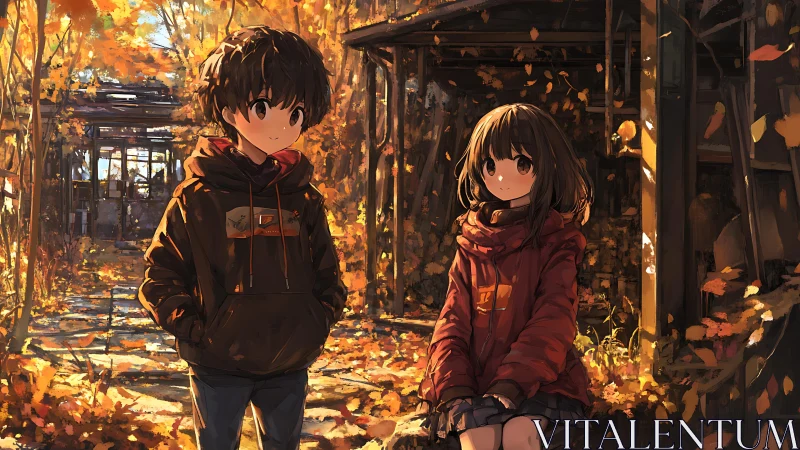 Cozy autumn moment shared by two friends in golden leaves.