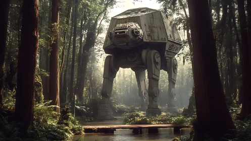 Forest colossus walker roaming through misty redwood hush.