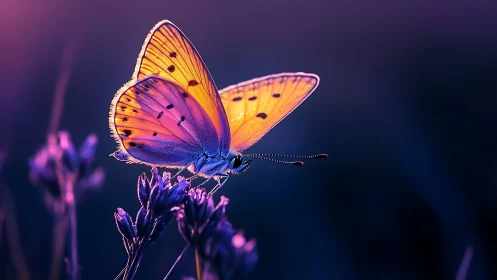 Luminous butterfly rests on wildflowers in twilight glow