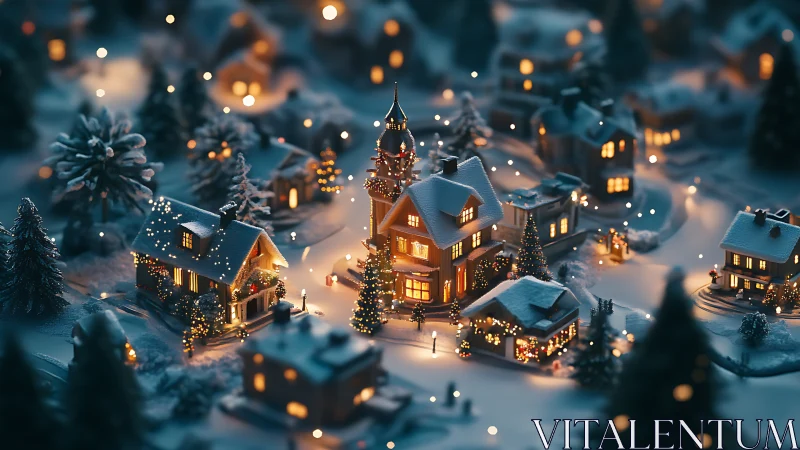 Snowy miniature village glows with warm festive lights.