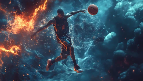 Dynamic basketball dunk framed by cinematic fire and water