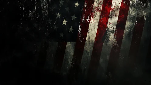 Distressed American flag dissolves into dark textured shadows