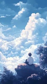 Solitary figure on cliff edge under expansive cumulus sky