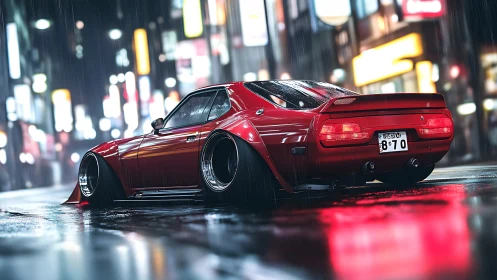Midnight red street racer hums through neon drenched rain