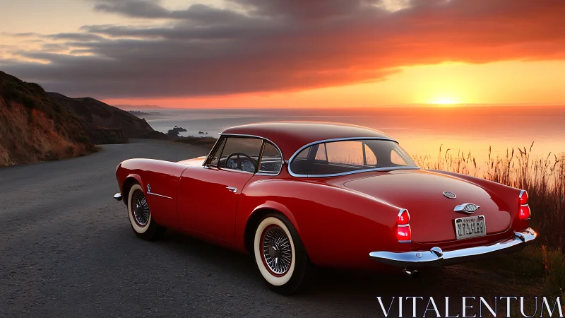Classic red coupe parked on coastal road at sunset.