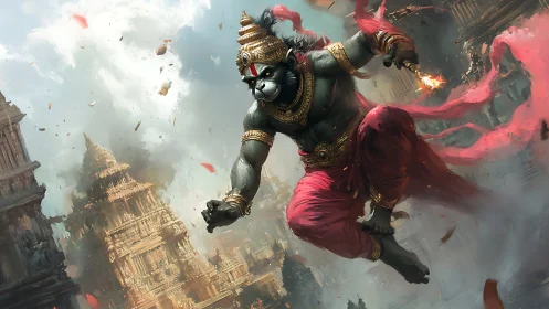 Mythic monkey warrior leaps across burning temples.