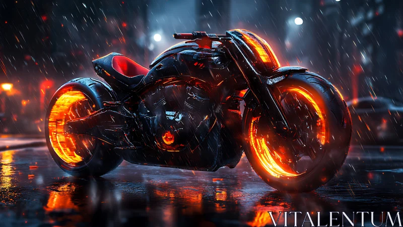 Futuristic motorcycle with glowing wheels in wet night street.