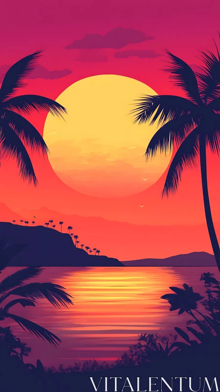 Digital tropical sunset scene shows layered silhouettes