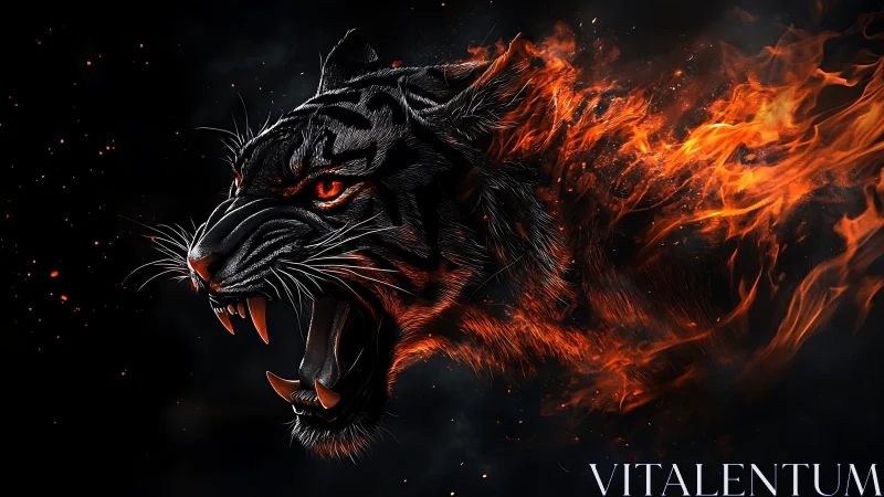 Fiery tiger roar blazing through darkness and ember sparks.
