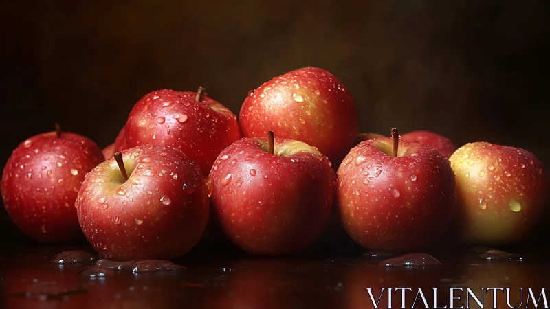 Cluster of red apples with water droplets on dark surface.