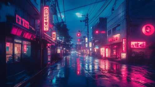 Neon drenched Japanese street under nocturnal rainfall optics.