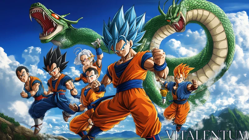 Dynamic anime heroes advance under coiling emerald dragon