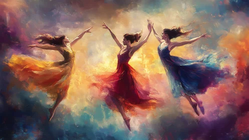 Chromatic triptych of levitating dancers in turbulent light fields.