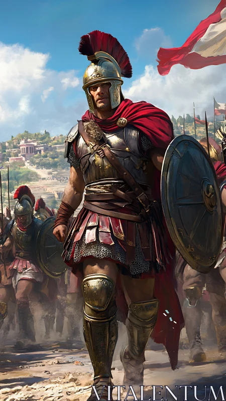 Roman legion commander strides under sunlit battle standard.