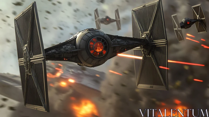 Starfighter squadron storms smoky battlefield in attack run.