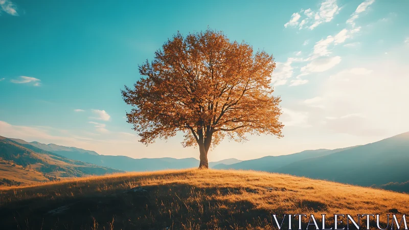 Solitary autumn tree on sunlit hill, vibrant landscape photography.
