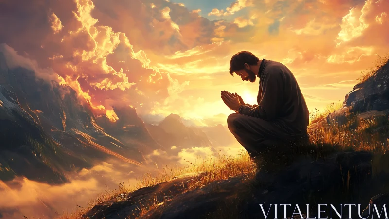 Kneeling figure in volumetric sunset over stratified mountains.