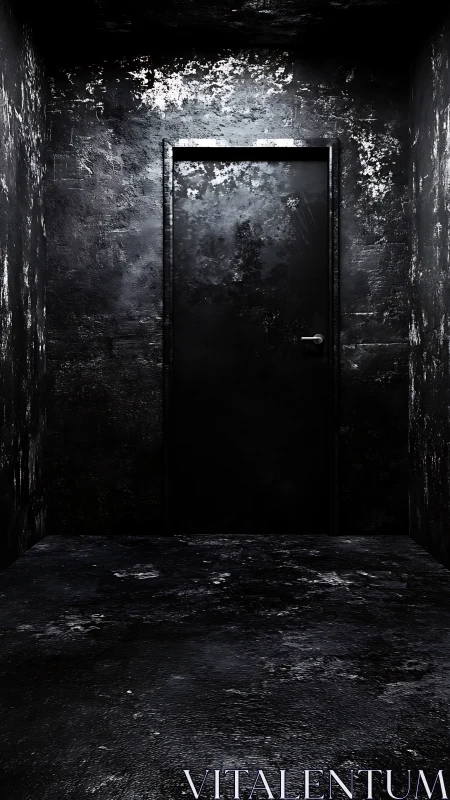 Closed black door in narrow, worn concrete corridor.
