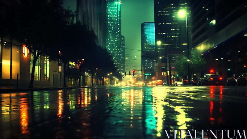 Rainy city street reflects neon and office tower lights