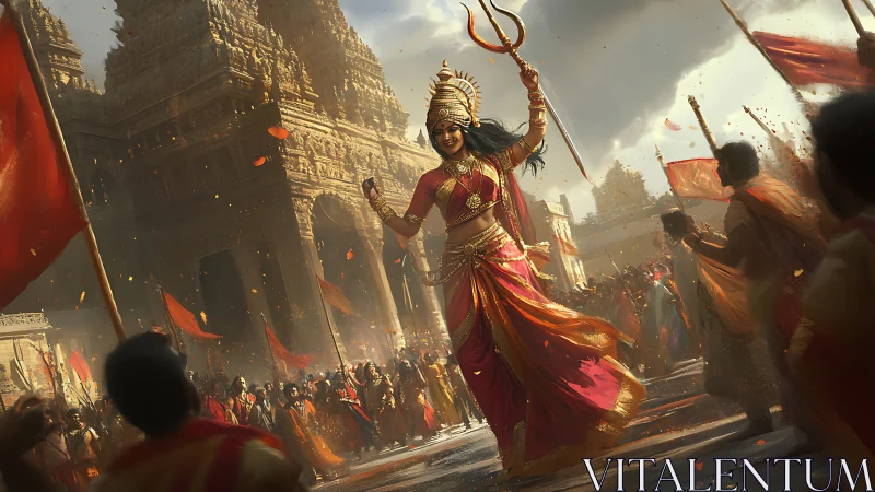 Temple procession goddess strides through storm of saffron light.