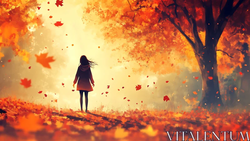 Silhouette figure in autumn forest with falling foliage.