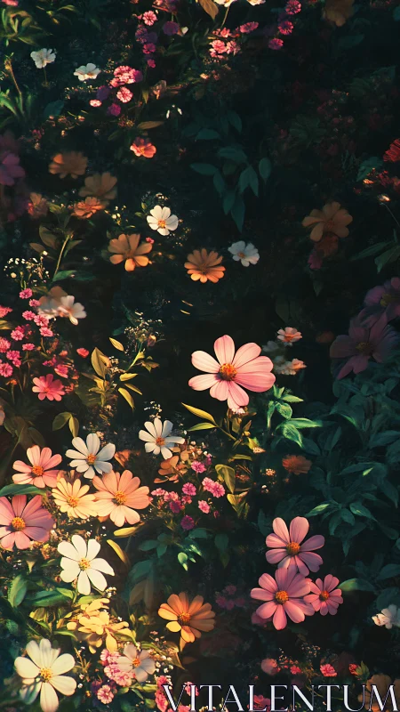 Night Garden: Vivid Flowers Blooming Against Dark Ground.