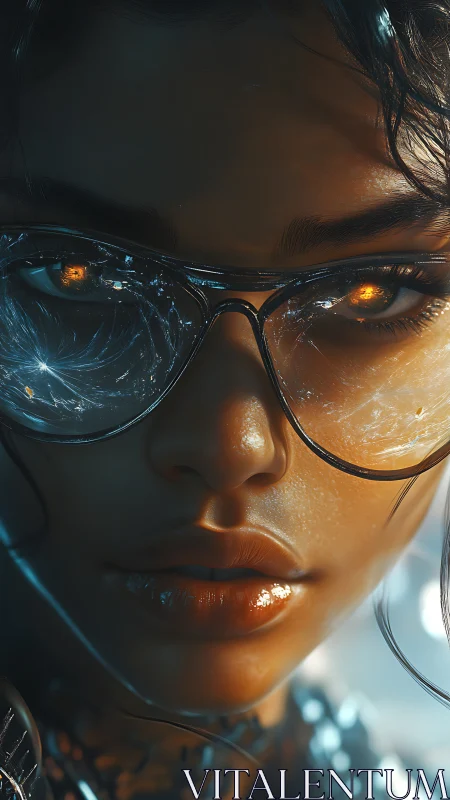 Cybernetic woman close-up with glowing neural-reflective glasses