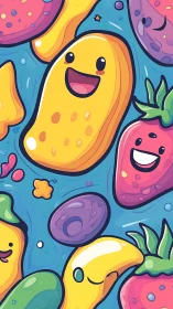 Cartoon fruit pattern with stylized smiling characters.